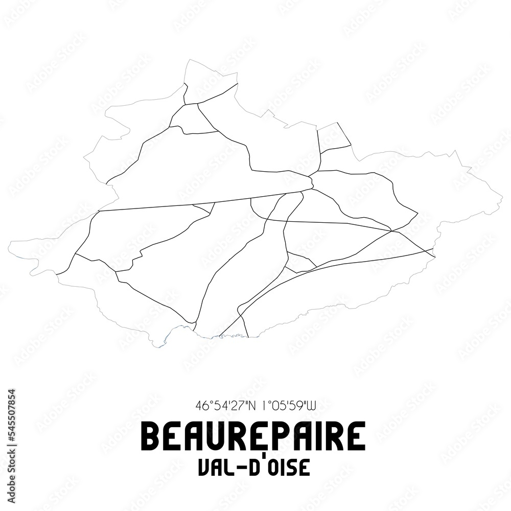 BEAUREPAIRE Val-d'Oise. Minimalistic street map with black and white lines. BEAUREPAIRE Val-d'Oise. Minimalistic street map with black and white lines.