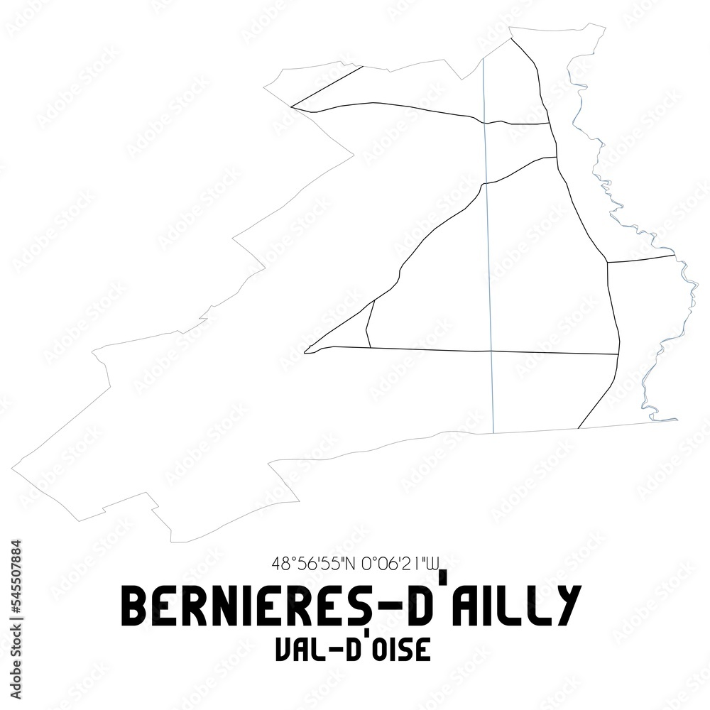 BERNIERES-D'AILLY Val-d'Oise. Minimalistic street map with black and white lines.