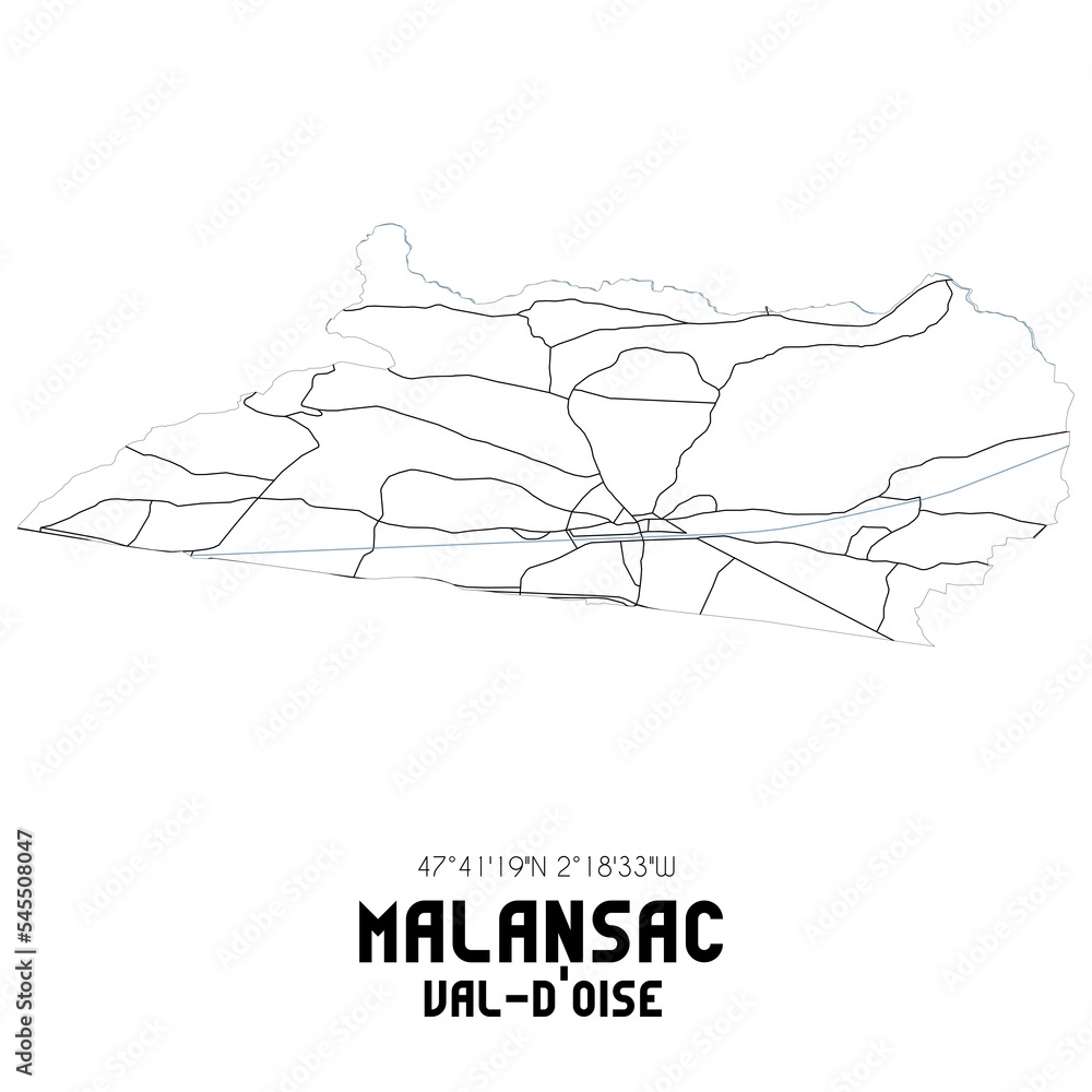 MALANSAC Val-d'Oise. Minimalistic street map with black and white lines.