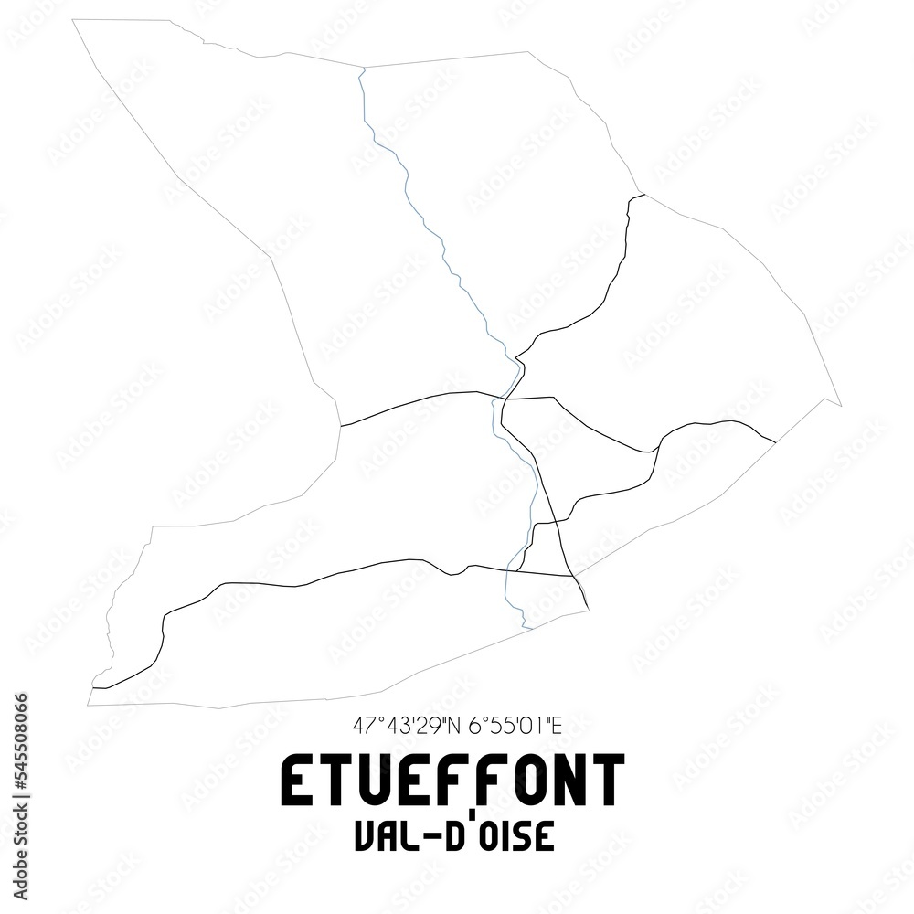 ETUEFFONT Val-d'Oise. Minimalistic street map with black and white lines.
