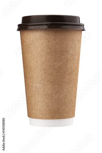 craft cardboard coffee cup with plastic lid, insulated on a white background
