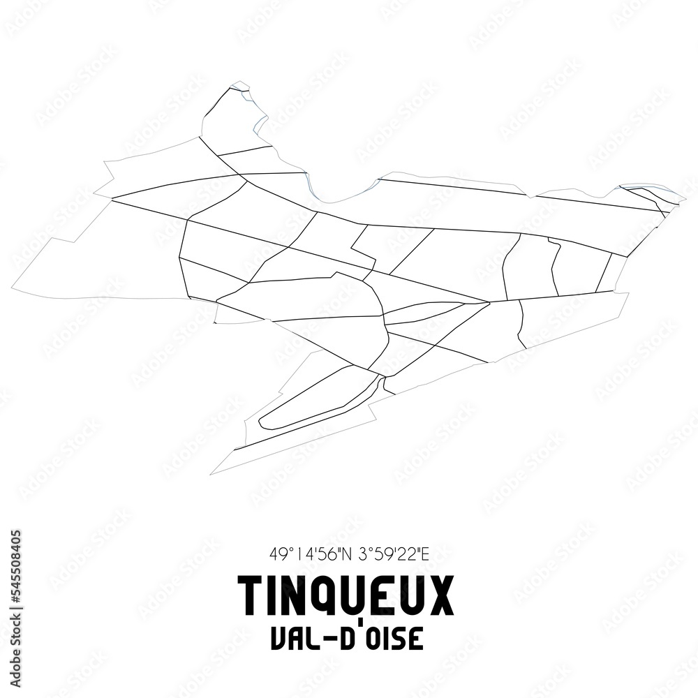 TINQUEUX Val-d'Oise. Minimalistic street map with black and white lines.