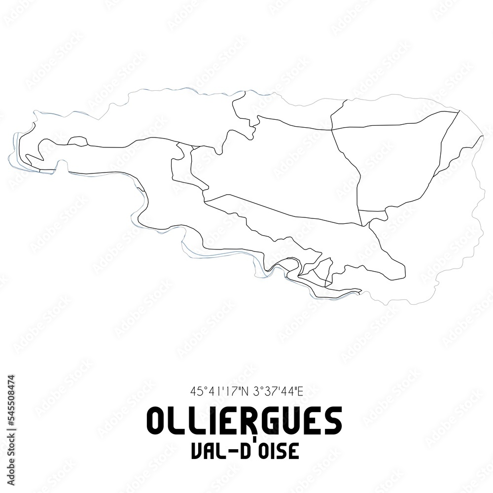 OLLIERGUES Val-d'Oise. Minimalistic street map with black and white lines. OLLIERGUES Val-d'Oise. Minimalistic street map with black and white lines.