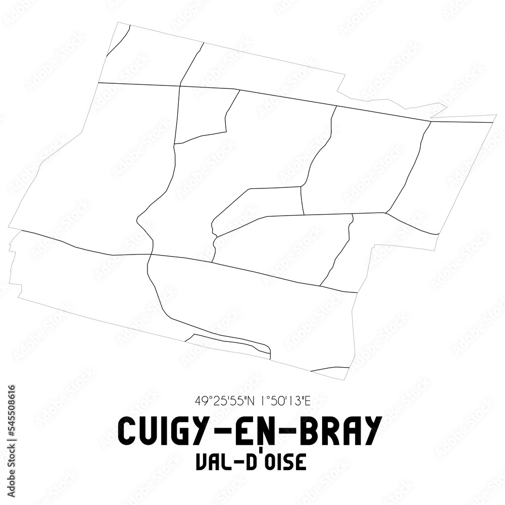 CUIGY-EN-BRAY Val-d'Oise. Minimalistic street map with black and white lines.