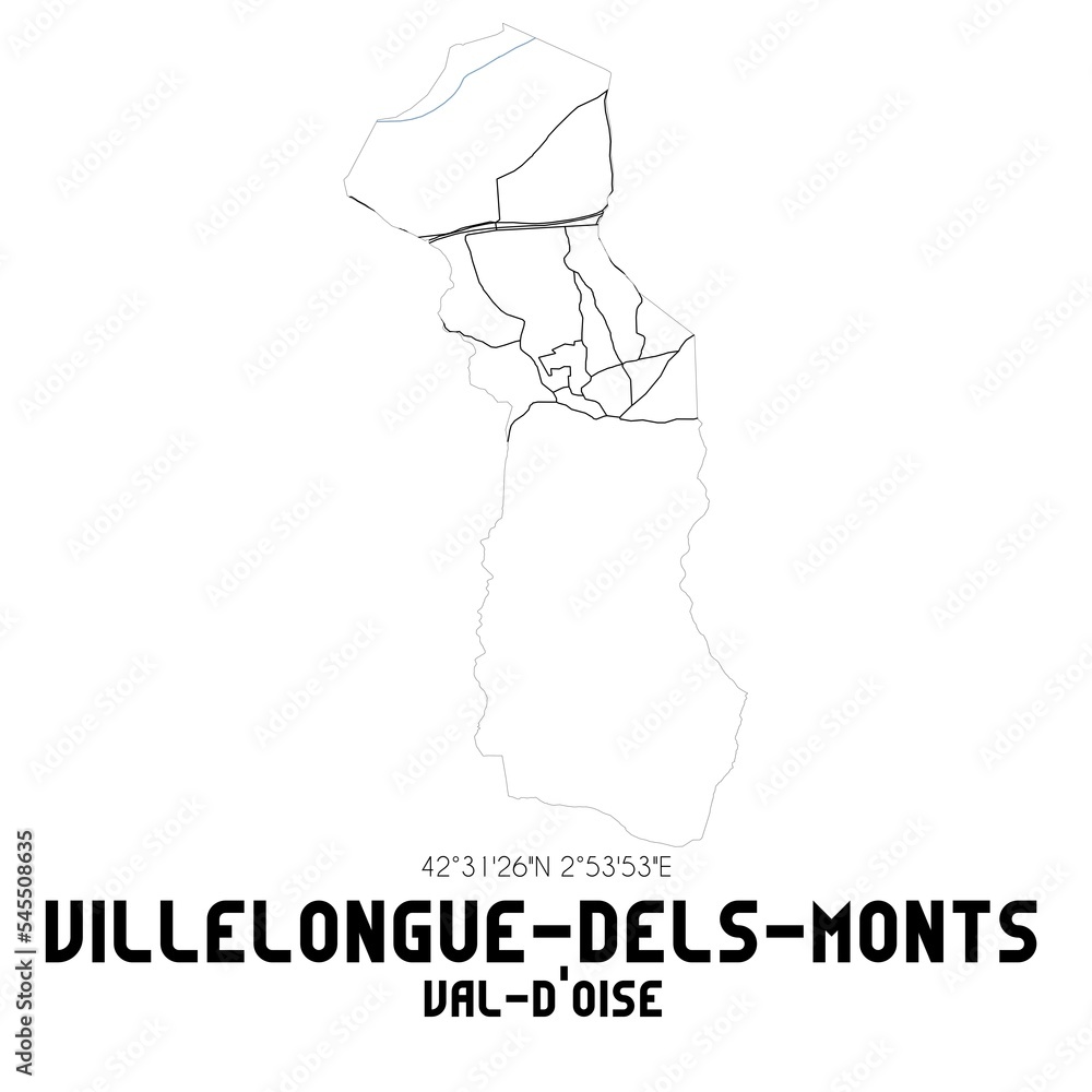 VILLELONGUE-DELS-MONTS Val-d'Oise. Minimalistic street map with black and white lines. VILLELONGUE-DELS-MONTS Val-d'Oise. Minimalistic street map with black and white lines.