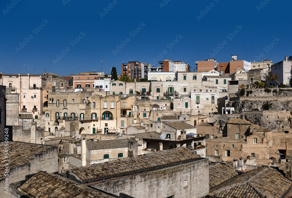 MATERA, ITALY - OCTOBER 17, 2022: wide angle view of the houses and buildings in the old town