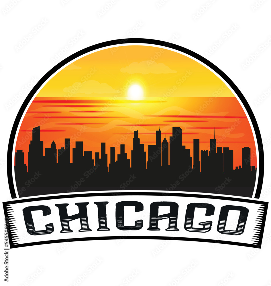 Chicago Illinois USA Skyline Sunset Travel Souvenir Sticker Logo Badge Stamp Emblem Coat of Arms Vector Illustration EPS