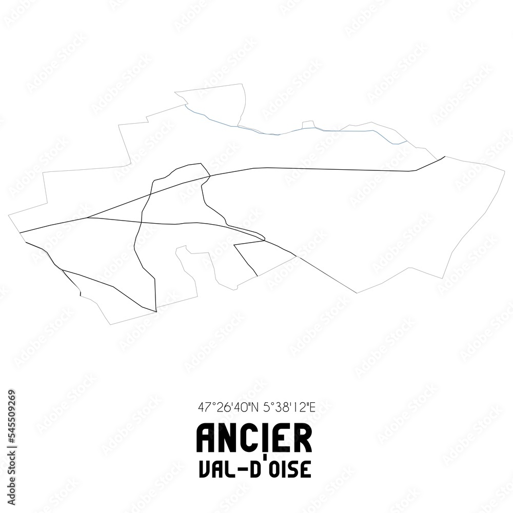 ANCIER Val-d'Oise. Minimalistic street map with black and white lines. ANCIER Val-d'Oise. Minimalistic street map with black and white lines.