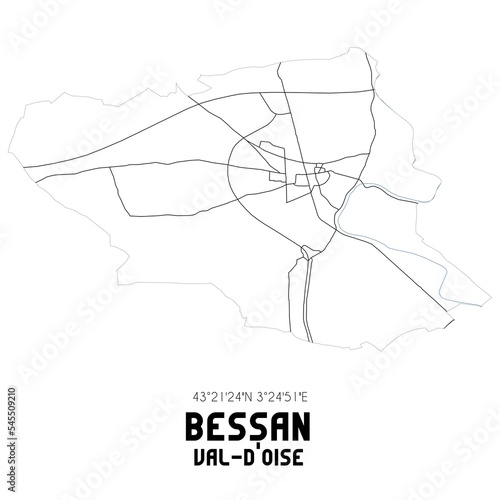 BESSAN Val-d'Oise. Minimalistic street map with black and white lines. photo