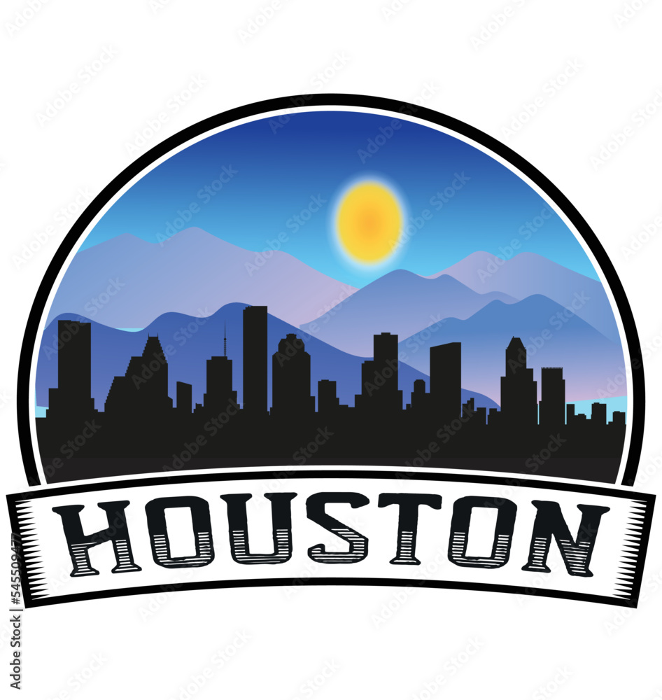 Houston Texas USA Skyline Sunset Travel Souvenir Sticker Logo Badge Stamp Emblem Coat of Arms Vector Illustration EPS