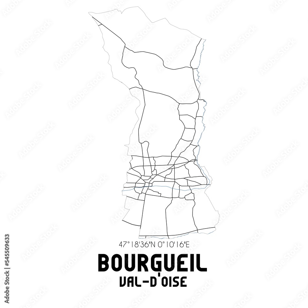 BOURGUEIL Val-d'Oise. Minimalistic street map with black and white lines.
