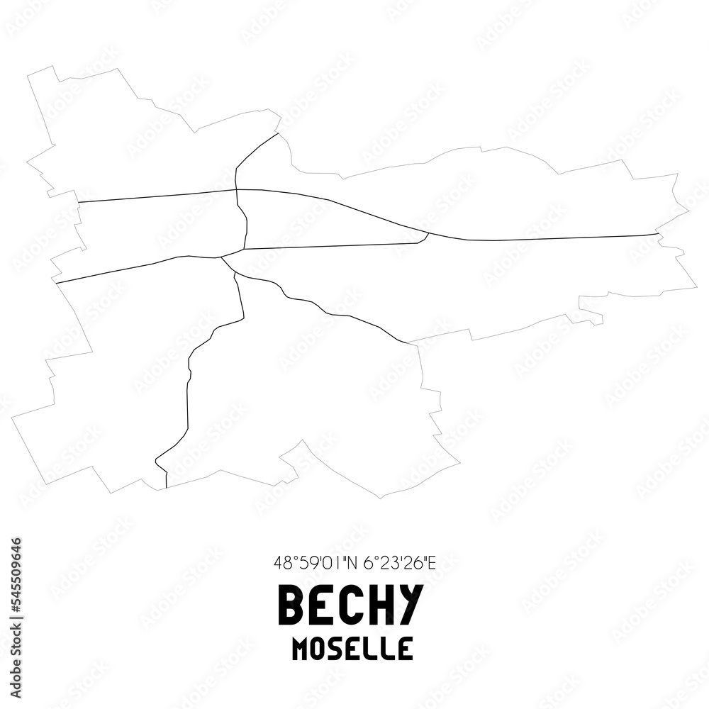 BECHY Moselle. Minimalistic street map with black and white lines.