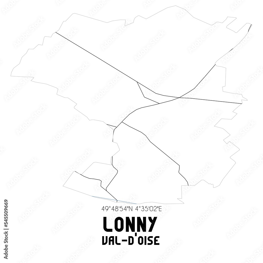 LONNY Val-d'Oise. Minimalistic street map with black and white lines.