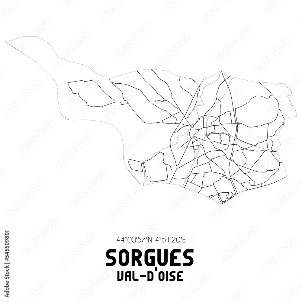 SORGUES Val-d'Oise. Minimalistic street map with black and white lines. SORGUES Val-d'Oise. Minimalistic street map with black and white lines.