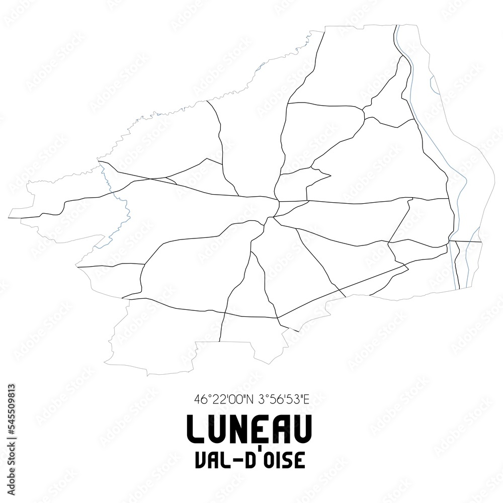 LUNEAU Val-d'Oise. Minimalistic street map with black and white lines. LUNEAU Val-d'Oise. Minimalistic street map with black and white lines.