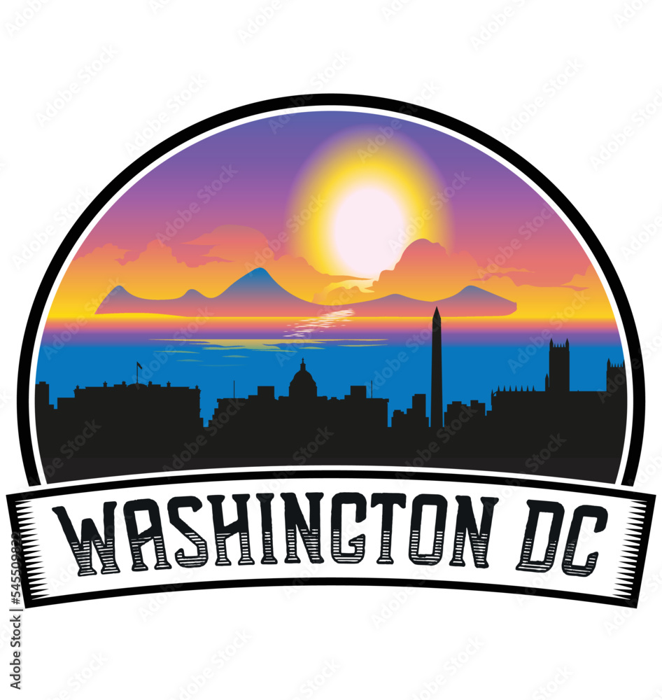 Washington Dc Washington USA Skyline Sunset Travel Souvenir Sticker Logo Badge Stamp Emblem Coat of Arms Vector Illustration EPS
