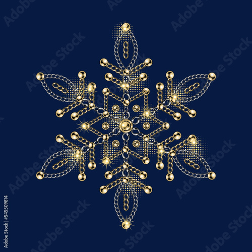 Fancy snowflake made of jewelry gold chains and shiny ball beads. 6 side snowflake. Elegant jewel illustration for winter sales, christmas, new year holiday, gift decoration.