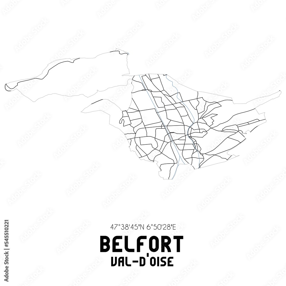 BELFORT Val-d'Oise. Minimalistic street map with black and white lines.