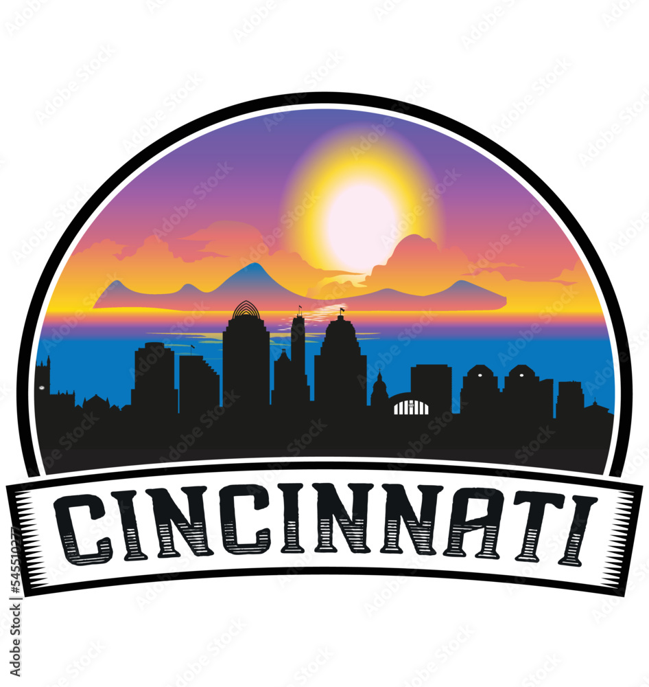 Cincinnati Ohio USA Skyline Sunset Travel Souvenir Sticker Logo Badge Stamp Emblem Coat of Arms Vector Illustration EPS