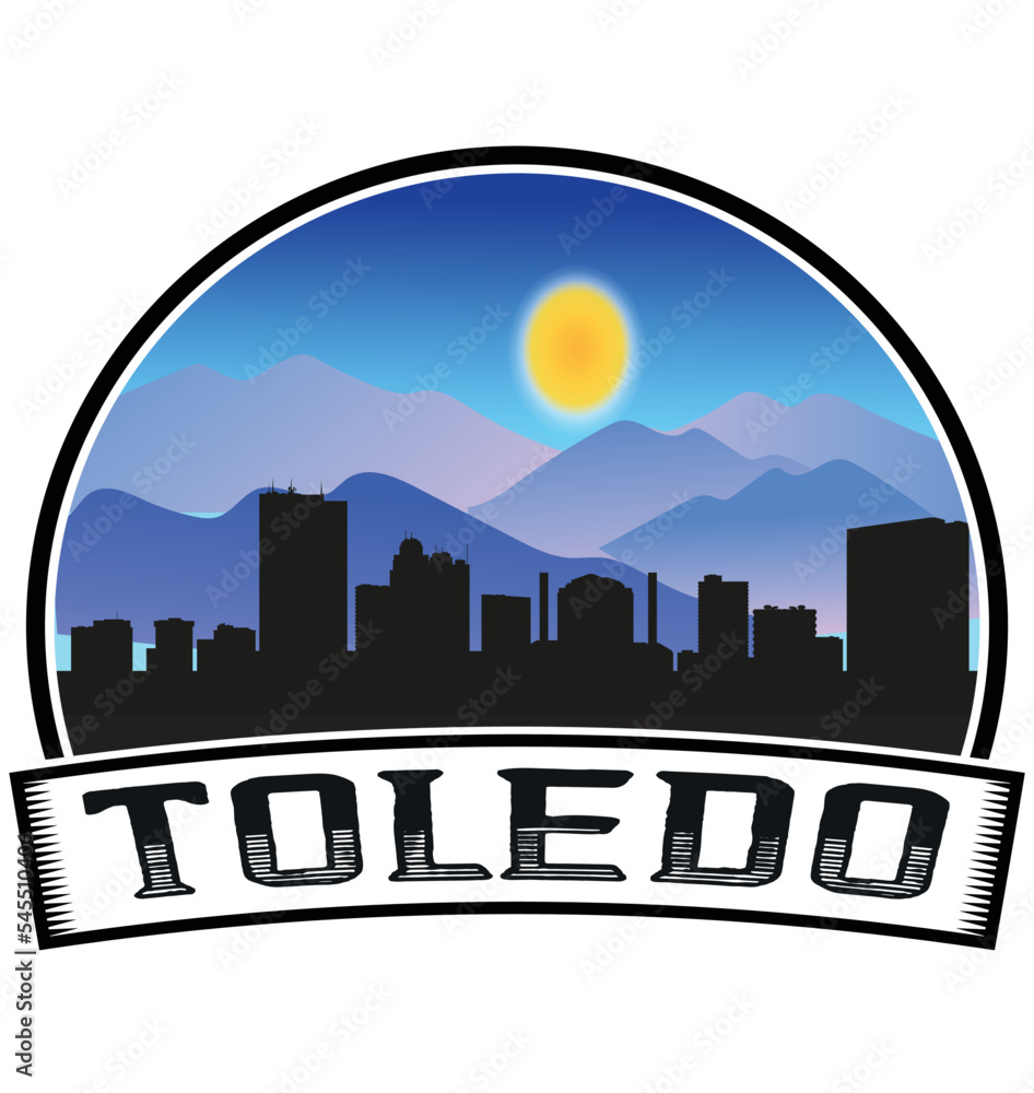 Toledo Ohio USA Skyline Sunset Travel Souvenir Sticker Logo Badge Stamp Emblem Coat of Arms Vector Illustration EPS