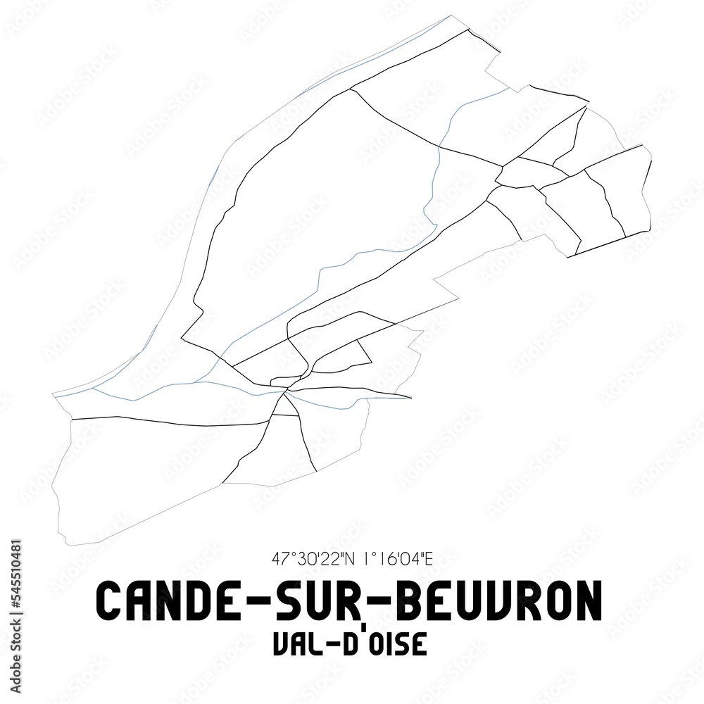 CANDE-SUR-BEUVRON Val-d'Oise. Minimalistic street map with black and white lines. CANDE-SUR-BEUVRON Val-d'Oise. Minimalistic street map with black and white lines.