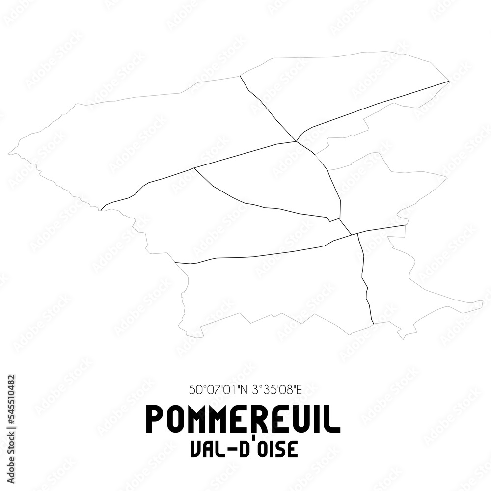 POMMEREUIL Val-d'Oise. Minimalistic street map with black and white lines. POMMEREUIL Val-d'Oise. Minimalistic street map with black and white lines.