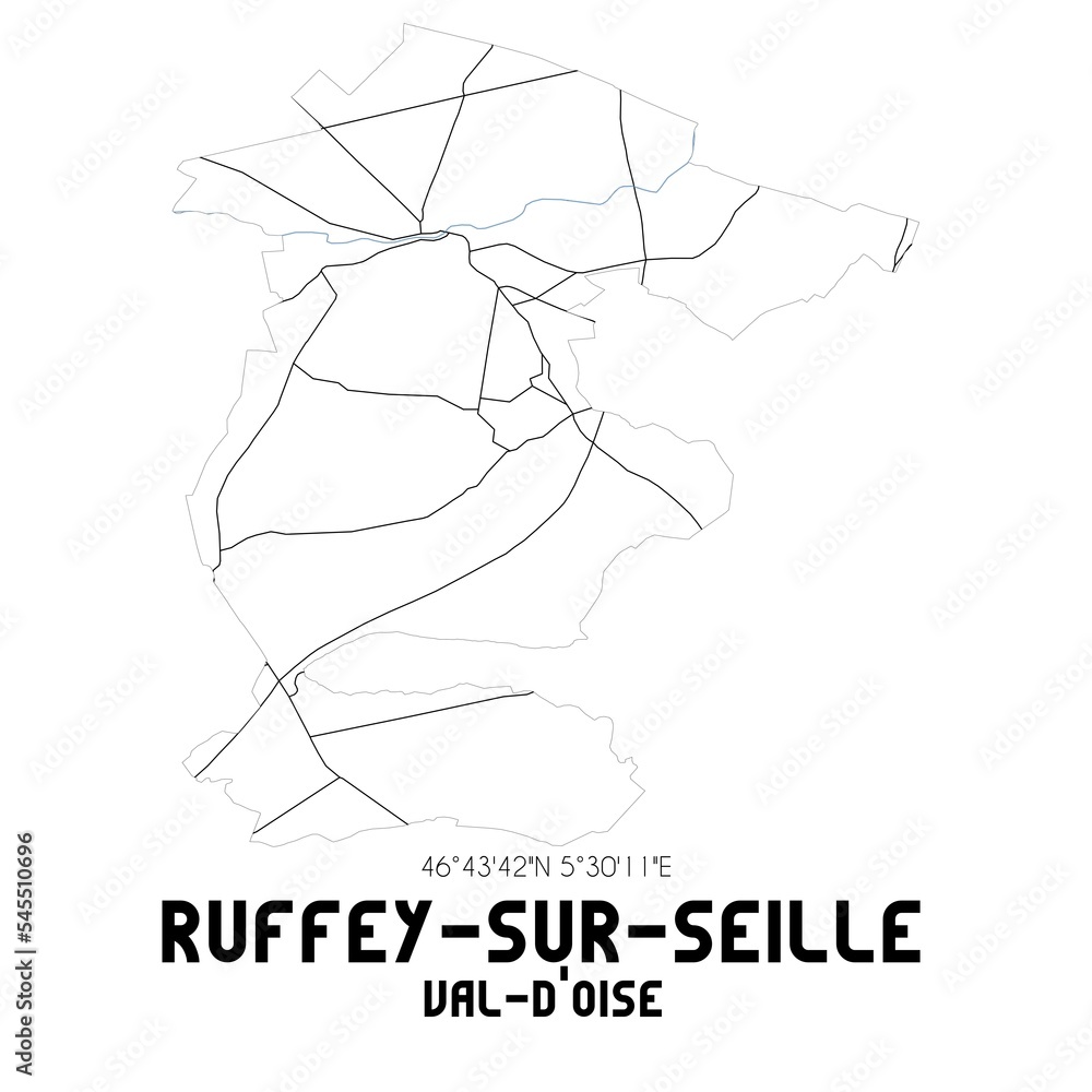 RUFFEY-SUR-SEILLE Val-d'Oise. Minimalistic street map with black and white lines. RUFFEY-SUR-SEILLE Val-d'Oise. Minimalistic street map with black and white lines.