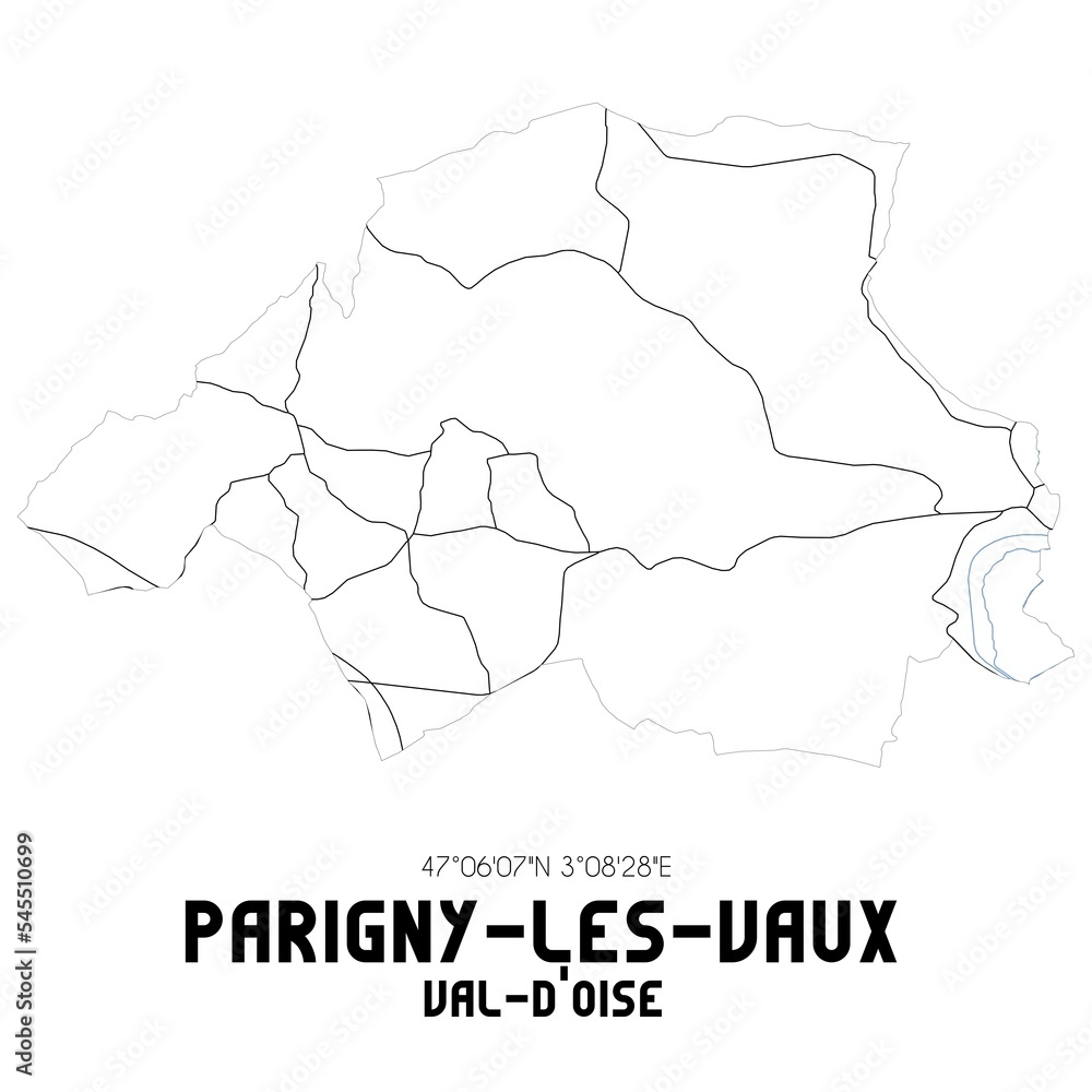 PARIGNY-LES-VAUX Val-d'Oise. Minimalistic street map with black and white lines.