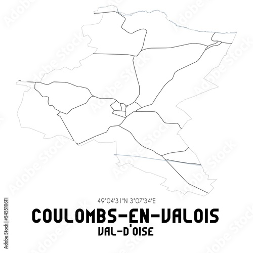 COULOMBS-EN-VALOIS Val-d'Oise. Minimalistic street map with black and white lines.