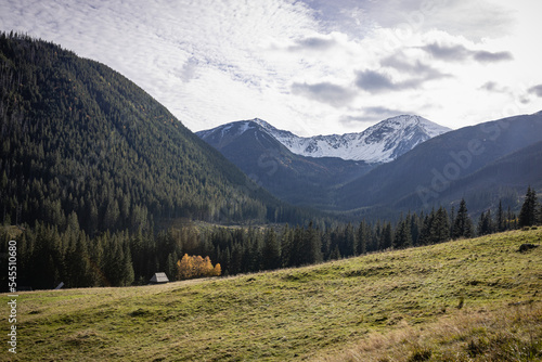 Panoramic view of Tatra Mountains. The Khokholovska valley in the Tatras near Zakopane. View of mountain peaks in autumn time
