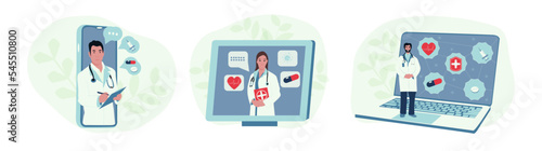 Online doctor, telemedicine service for patients. Vector illustration medical concept. Healthcare consultation by Internet.