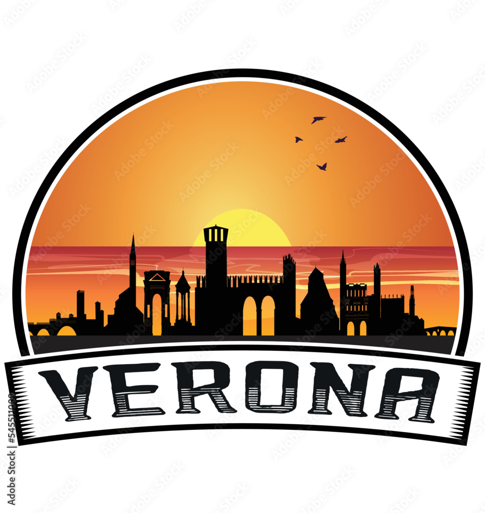 Verona Italy Skyline Sunset Travel Souvenir Sticker Logo Badge Stamp Emblem Coat of Arms Vector Illustration EPS