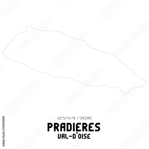 PRADIERES Val-d Oise. Minimalistic street map with black and white lines.