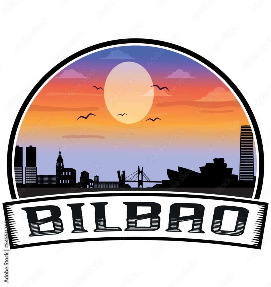 Bilbao Spain Skyline Sunset Travel Souvenir Sticker Logo Badge Stamp Emblem Coat of Arms Vector Illustration EPS