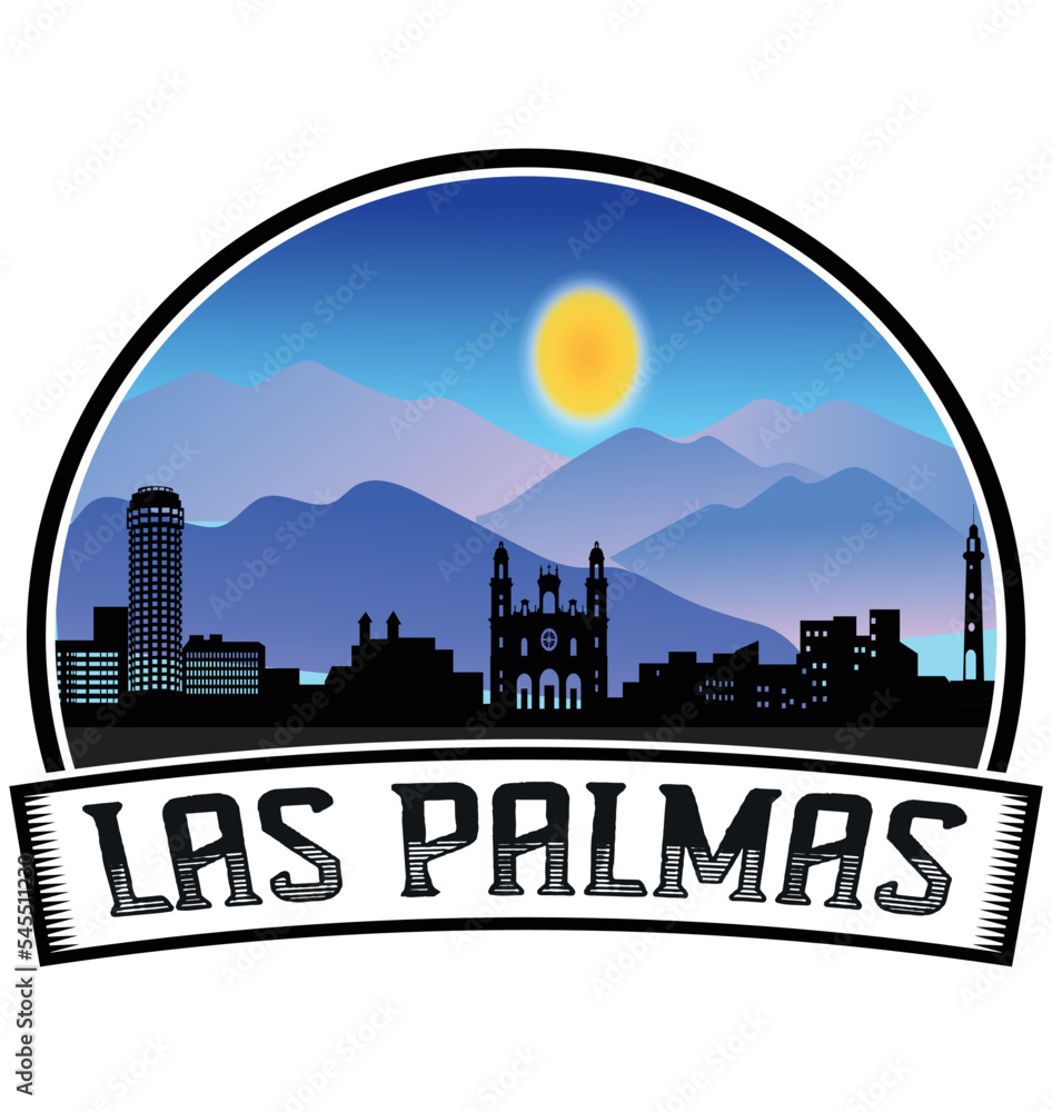 Las Palmas Spain Skyline Sunset Travel Souvenir Sticker Logo Badge Stamp Emblem Coat of Arms Vector Illustration EPS