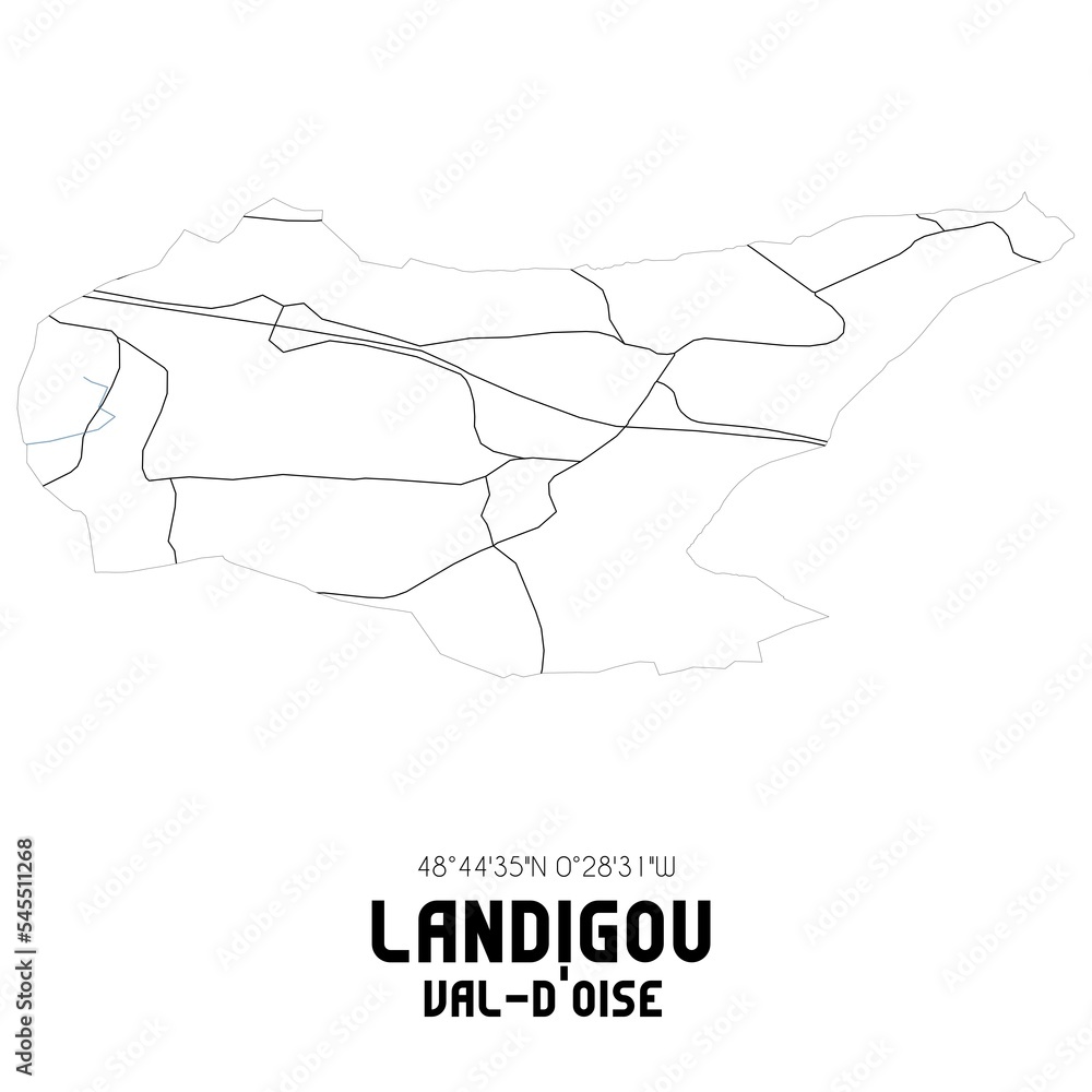 LANDIGOU Val-d'Oise. Minimalistic street map with black and white lines. LANDIGOU Val-d'Oise. Minimalistic street map with black and white lines.