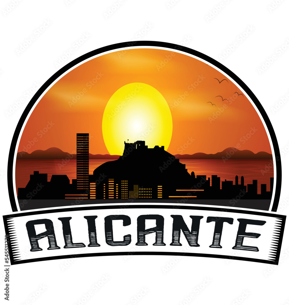 Alicante Spain Skyline Sunset Travel Souvenir Sticker Logo Badge Stamp Emblem Coat of Arms Vector Illustration EPS