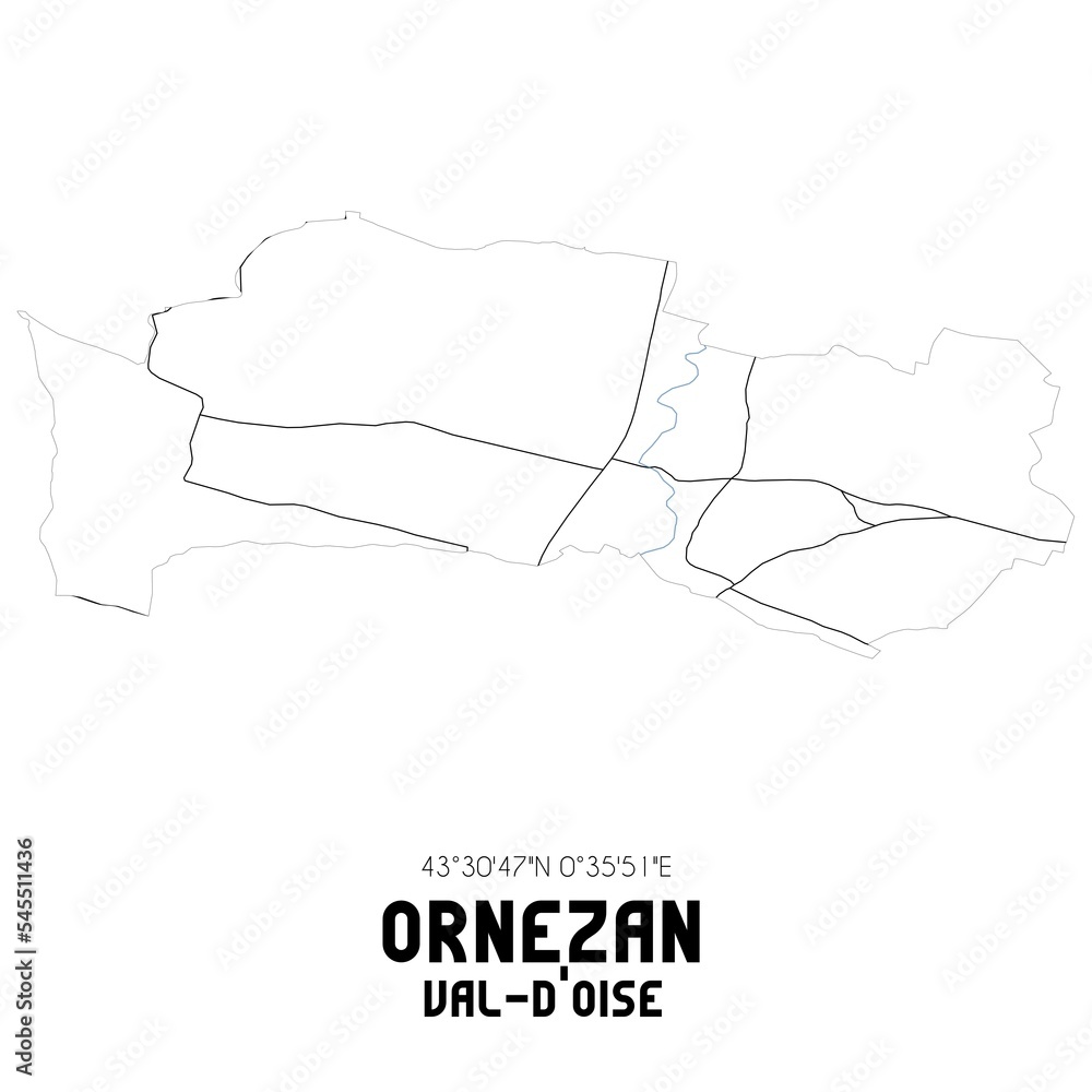 ORNEZAN Val-d'Oise. Minimalistic street map with black and white lines.