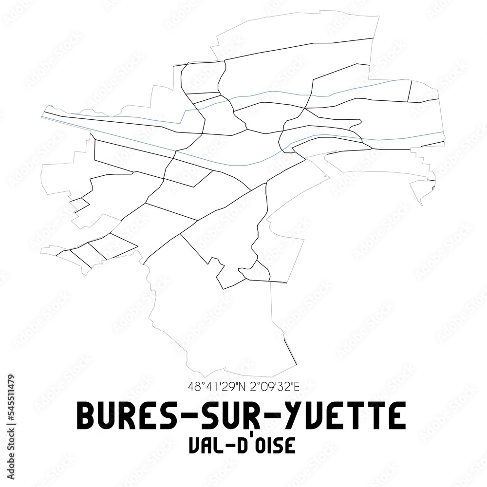 BURES-SUR-YVETTE Val-d'Oise. Minimalistic street map with black and white lines.