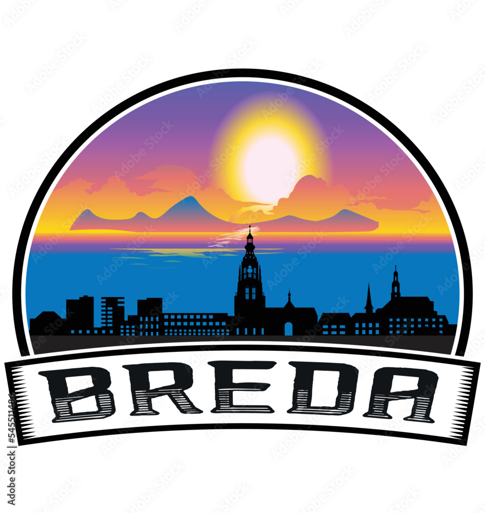 Breda Netherlands Skyline Sunset Travel Souvenir Sticker Logo Badge Stamp Emblem Coat of Arms Vector Illustration EPS