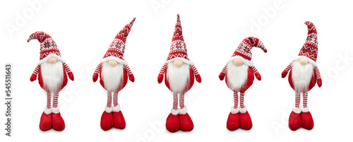 Five Christmas  gnome standing isolated on white background.