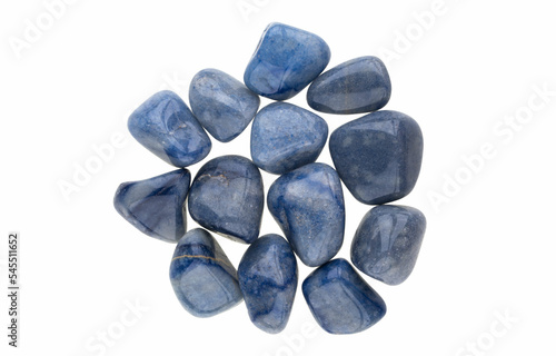 Фотография Closeup of beautiful blue quartz gemstones isolated on white background