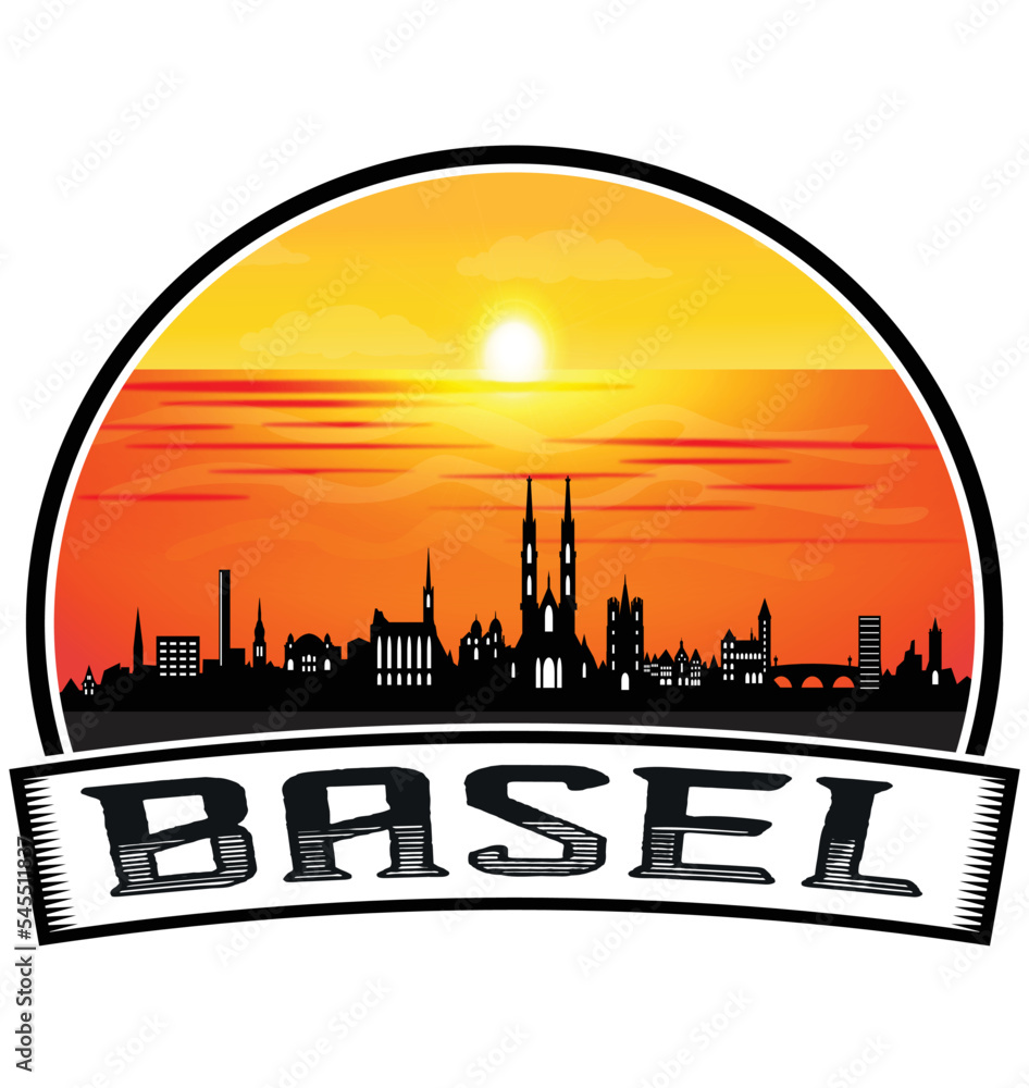 Basel Switzerland Skyline Sunset Travel Souvenir Sticker Logo Badge Stamp Emblem Coat of Arms Vector Illustration EPS