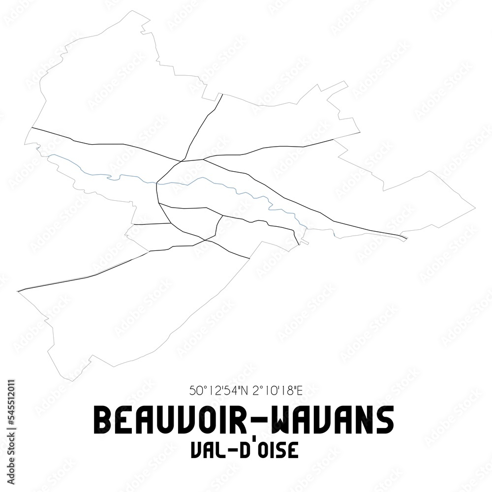 BEAUVOIR-WAVANS Val-d'Oise. Minimalistic street map with black and white lines. BEAUVOIR-WAVANS Val-d'Oise. Minimalistic street map with black and white lines.