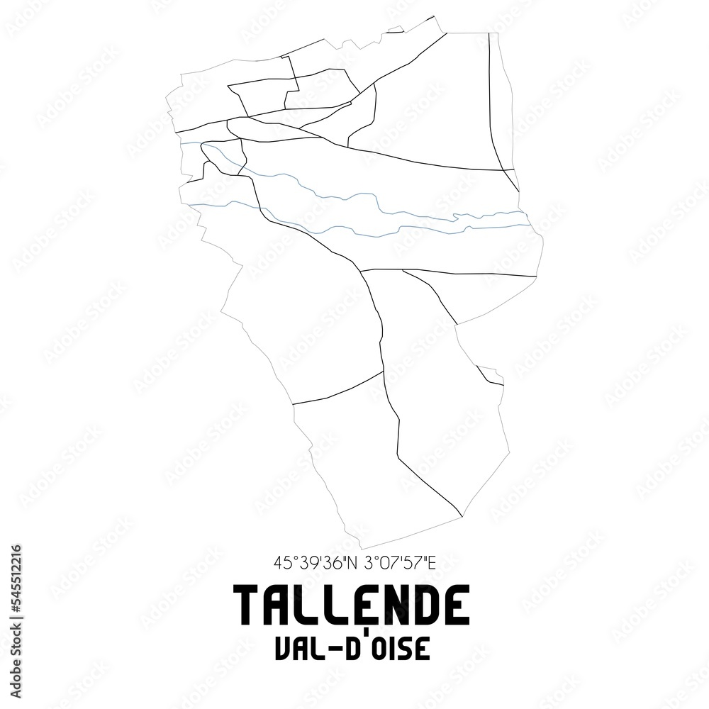 TALLENDE Val-d'Oise. Minimalistic street map with black and white lines. TALLENDE Val-d'Oise. Minimalistic street map with black and white lines.