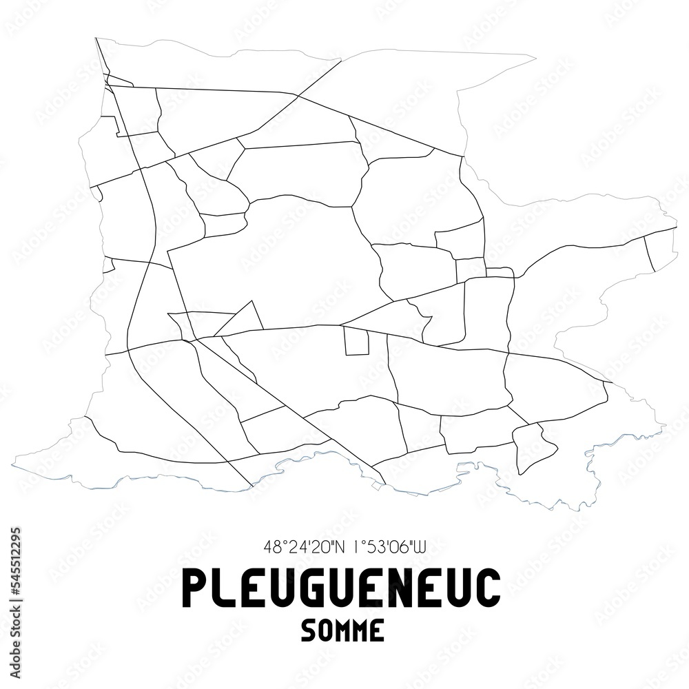 PLEUGUENEUC Somme. Minimalistic street map with black and white lines.