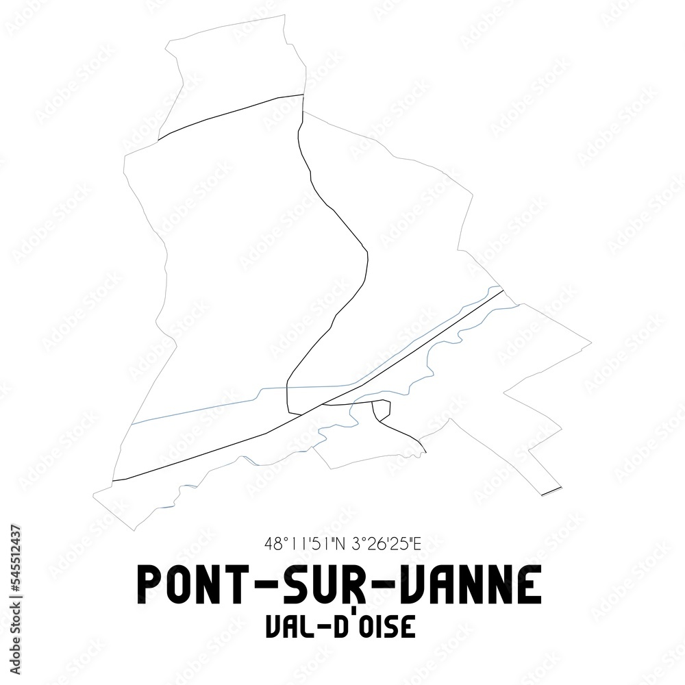 PONT-SUR-VANNE Val-d'Oise. Minimalistic street map with black and white lines.