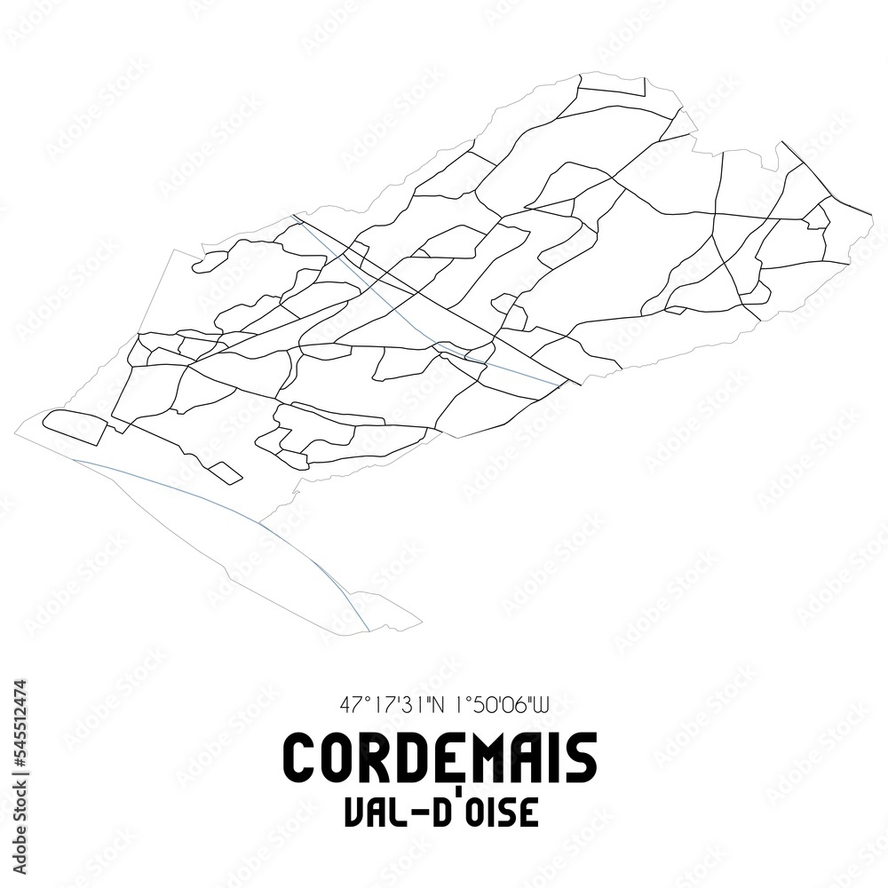 CORDEMAIS Val-d'Oise. Minimalistic street map with black and white lines.