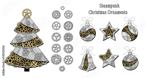 Set of gears, christmas tree, ball, star, bell in steampunk style