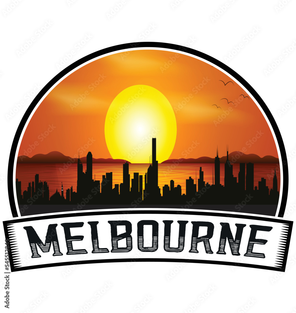 Melbourne Australia Skyline Sunset Travel Souvenir Sticker Logo Badge Stamp Emblem Coat of Arms Vector Illustration EPS